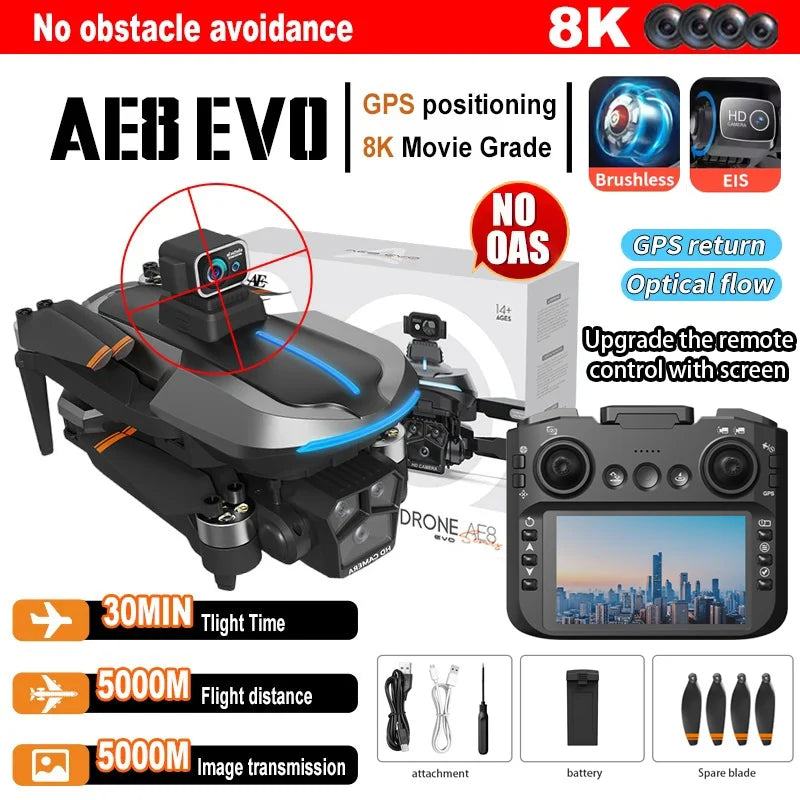 AE8 EVO GPS Drone 8K professionnel HD 4 objectif caméra Dron 5G WIFI FPV sans brosse UAV avec écran télécommande RC quadrirotor jouets