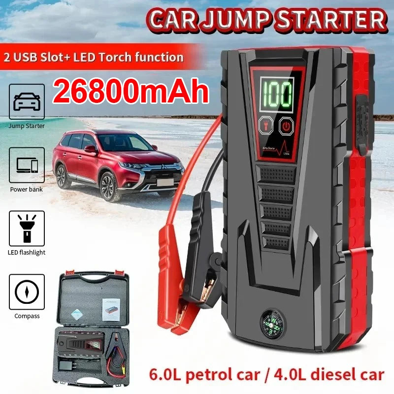 26800mAh Portable Car Jump Starter Peak 2500A Power Bank Charger 12V Auto Starting Device Petrol Diesel Car Emergency Battery