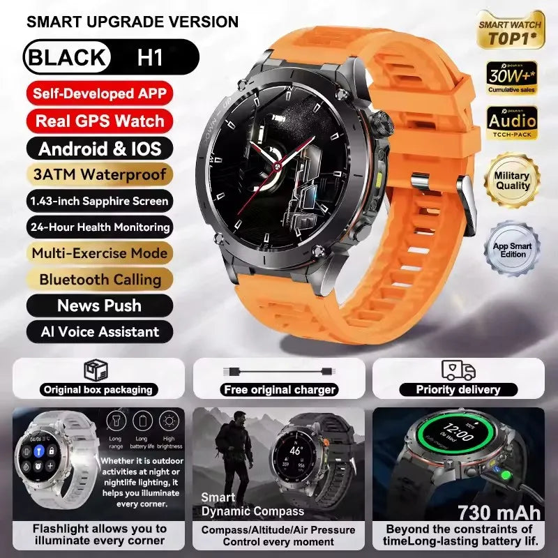 2025 Ultra GPS Smart Watch – 10ATM Waterproof | Dual-Band GNSS, Compass, Military Sport Design