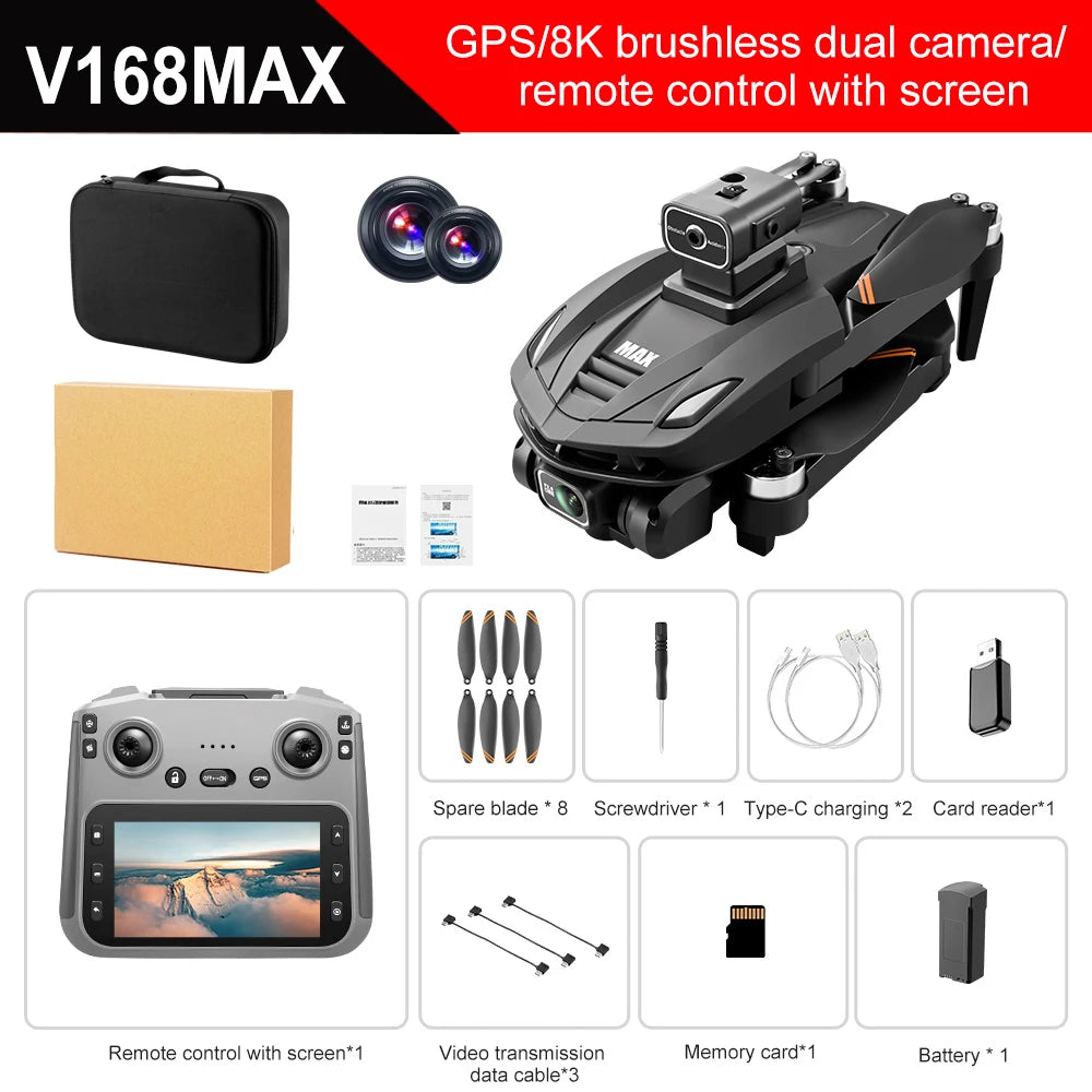 V168 PRO Max GPS Drone 8K professionnel HD double caméra écran omnidirectionnel 360 °   Jouets pour évitement d'obstacles FPV Dron Rc Quadcopter