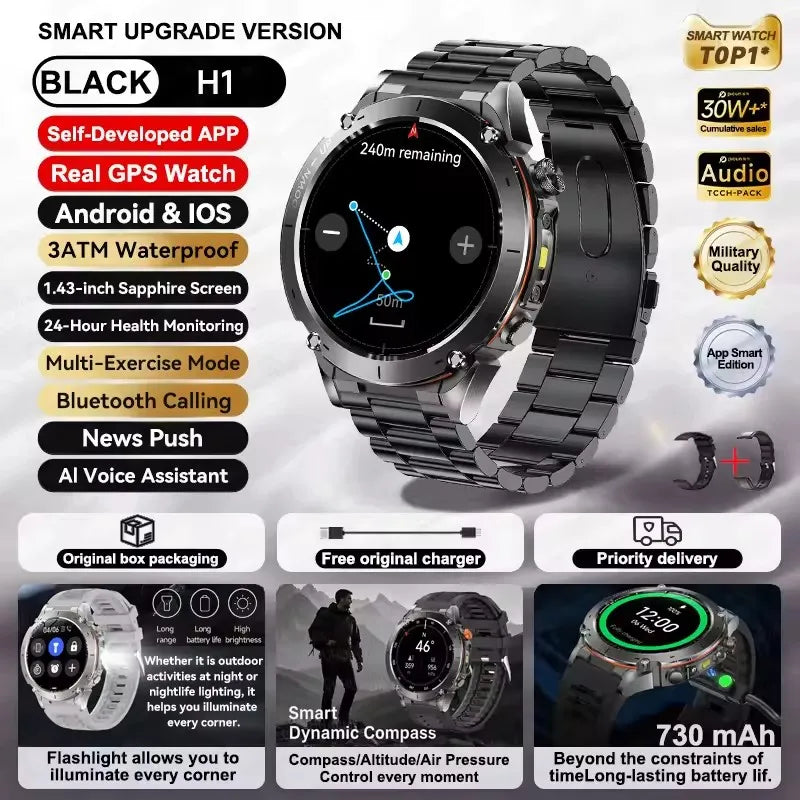 2025 Ultra GPS Smart Watch – 10ATM Waterproof | Dual-Band GNSS, Compass, Military Sport Design