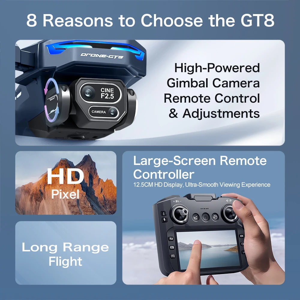 Nouveau Drone GT8 8K caméra HD professionnelle aérienne FPV Intelligent évitant l'obstacle grand écran télécommande pliant RC Dron jouet
