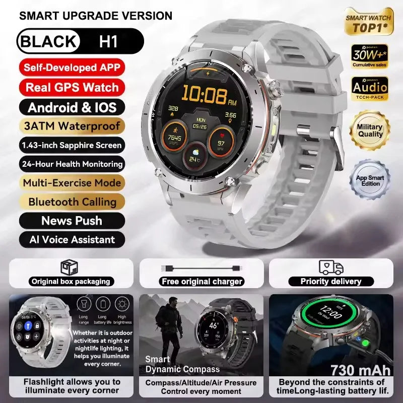 2025 Ultra GPS Smart Watch – 10ATM Waterproof | Dual-Band GNSS, Compass, Military Sport Design