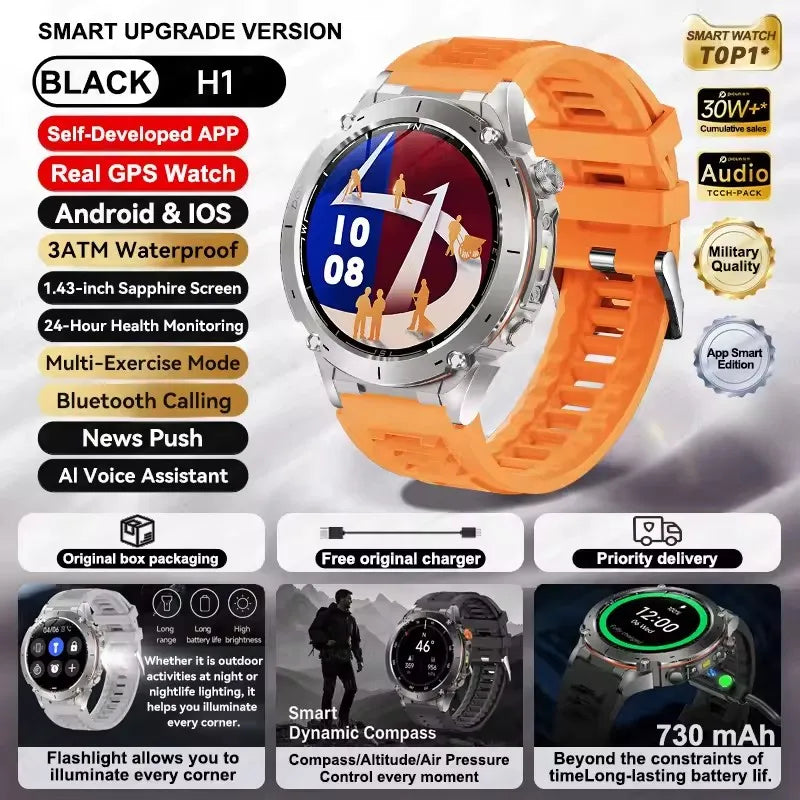 2025 Ultra GPS Smart Watch – 10ATM Waterproof | Dual-Band GNSS, Compass, Military Sport Design