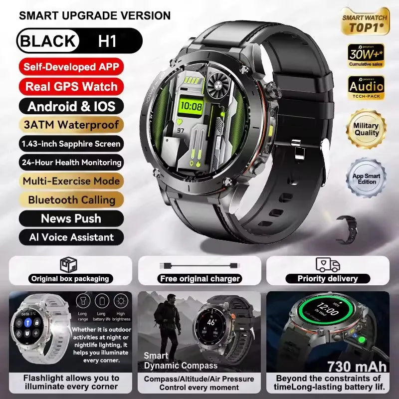2025 Ultra GPS Smart Watch – 10ATM Waterproof | Dual-Band GNSS, Compass, Military Sport Design