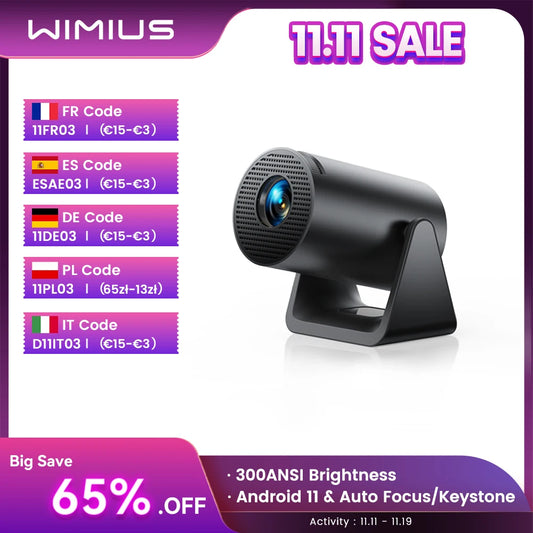 【Auto Keystone】 Mini Vidéoprojecteur WiFi Bluetooth, 300 ANSI Wimius L1 Projecteur,Android 11,WiFi6 Portable Full HD 1080P Supporté avec Angle 270° Projecteur 4K Home Cinéma pour PS5/Fire Stick HDMI USB