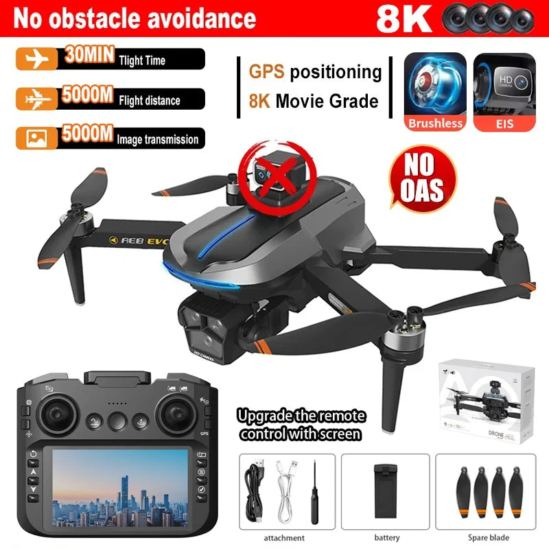 AE8 EVO GPS Drone 4K double caméra professionnelle HD avec écran 5G WIFI 360 ° Drones FPV quadrirotor Rc sans balais pour éviter les obstacles