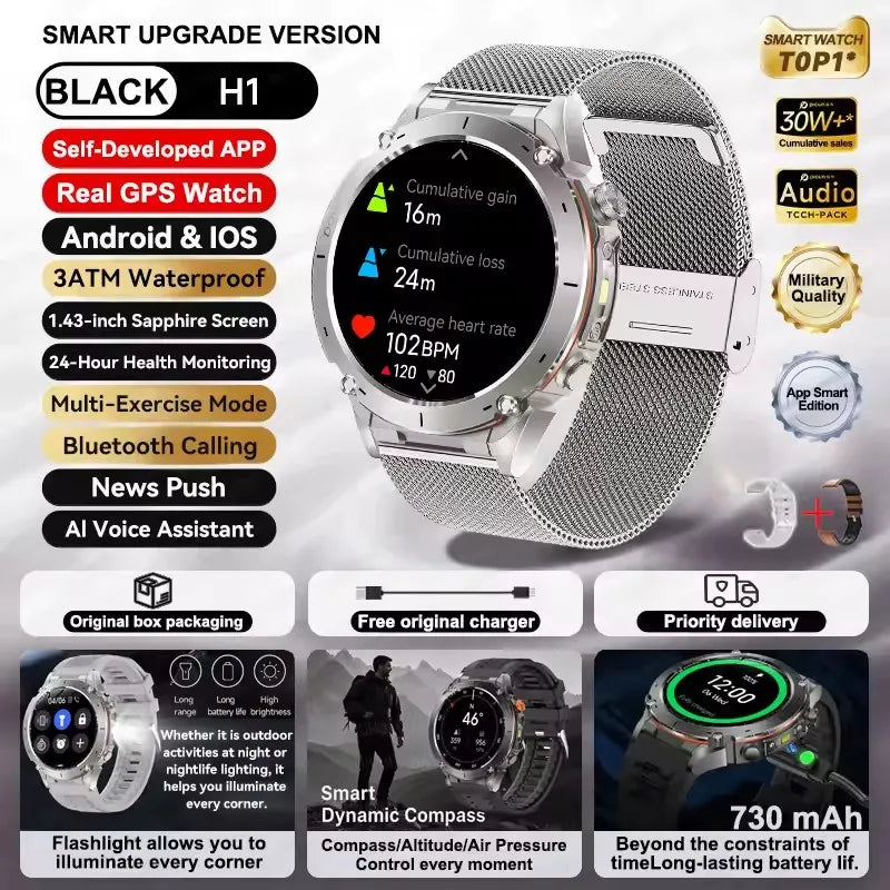 2025 Ultra GPS Smart Watch – 10ATM Waterproof | Dual-Band GNSS, Compass, Military Sport Design