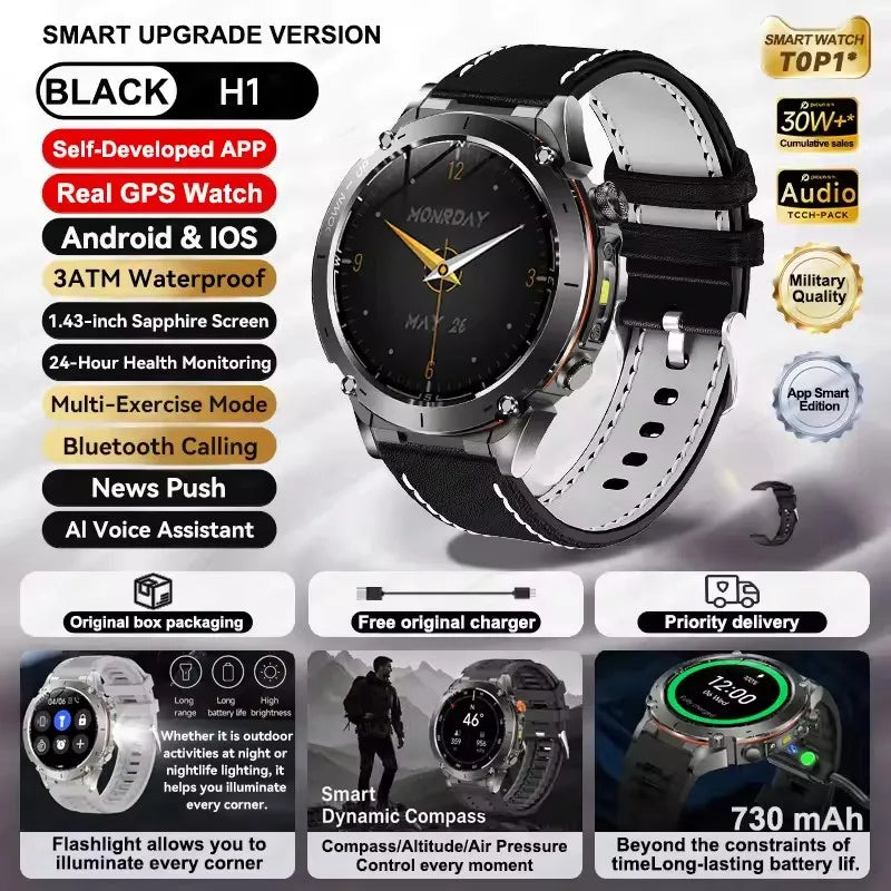 2025 Ultra GPS Smart Watch – 10ATM Waterproof | Dual-Band GNSS, Compass, Military Sport Design