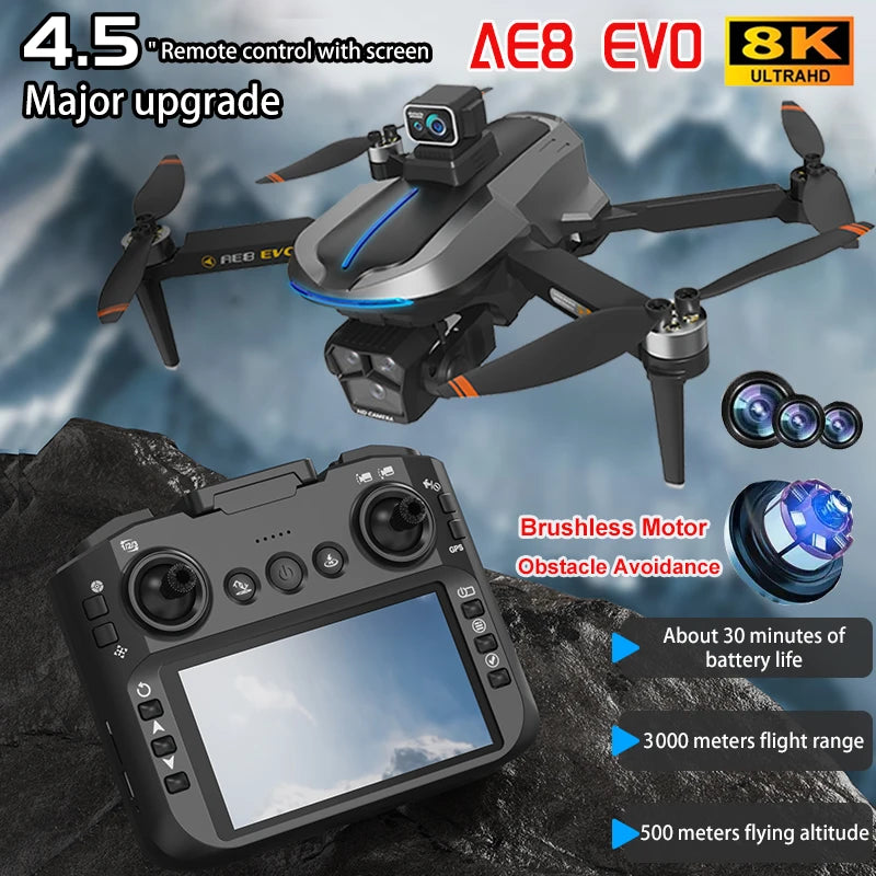 AE8 EVO GPS Drone 4K double caméra professionnelle HD avec écran 5G WIFI 360 ° Drones FPV quadrirotor Rc sans balais pour éviter les obstacles