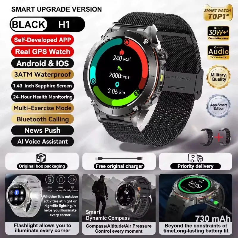 2025 Ultra GPS Smart Watch – 10ATM Waterproof | Dual-Band GNSS, Compass, Military Sport Design
