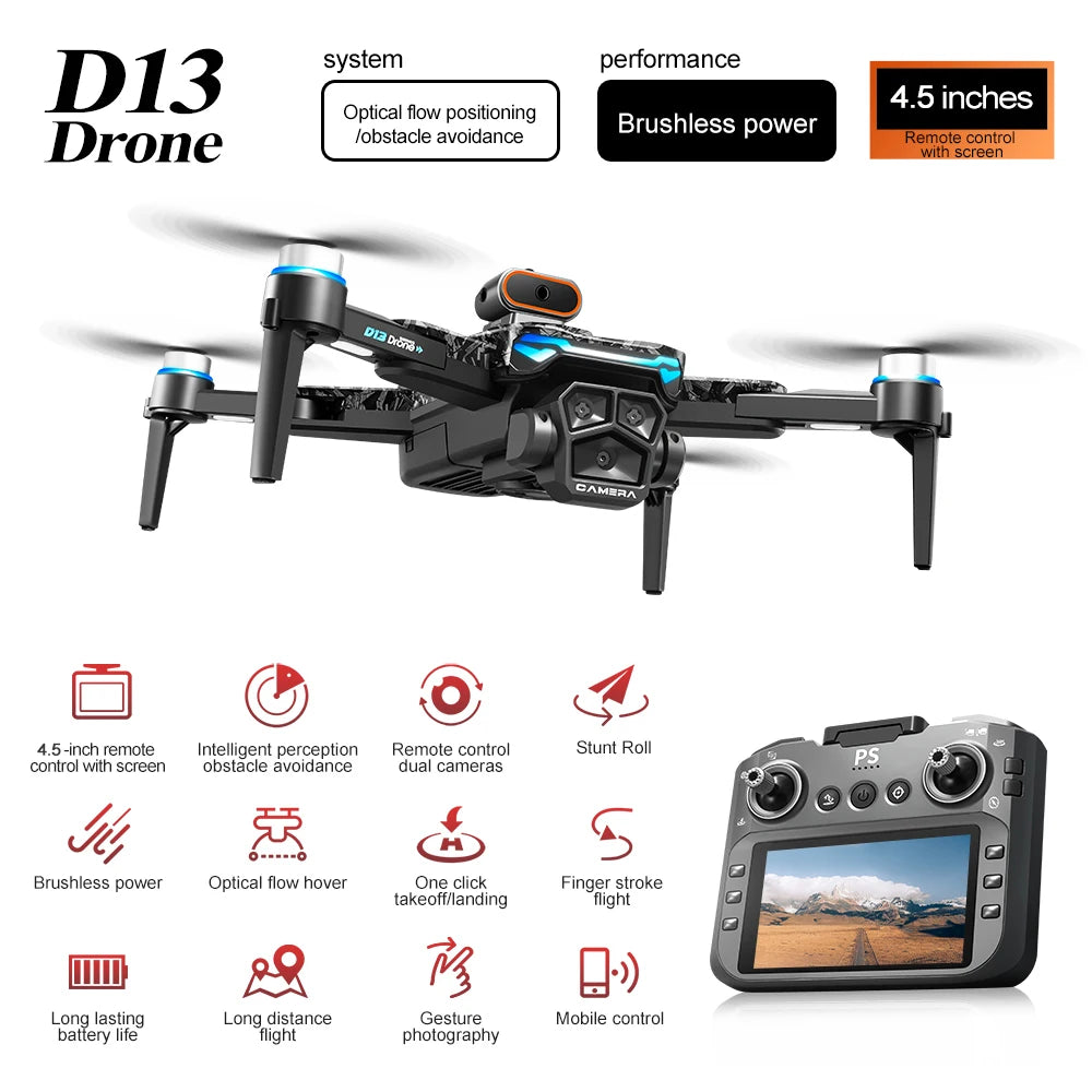 Nouveau D13 RC Drone 4K professionnel HD Triple caméra 5G WIFI FPV Dron 360 °   Jouet quadrirotor grand écran sans balais pour éviter les obstacles