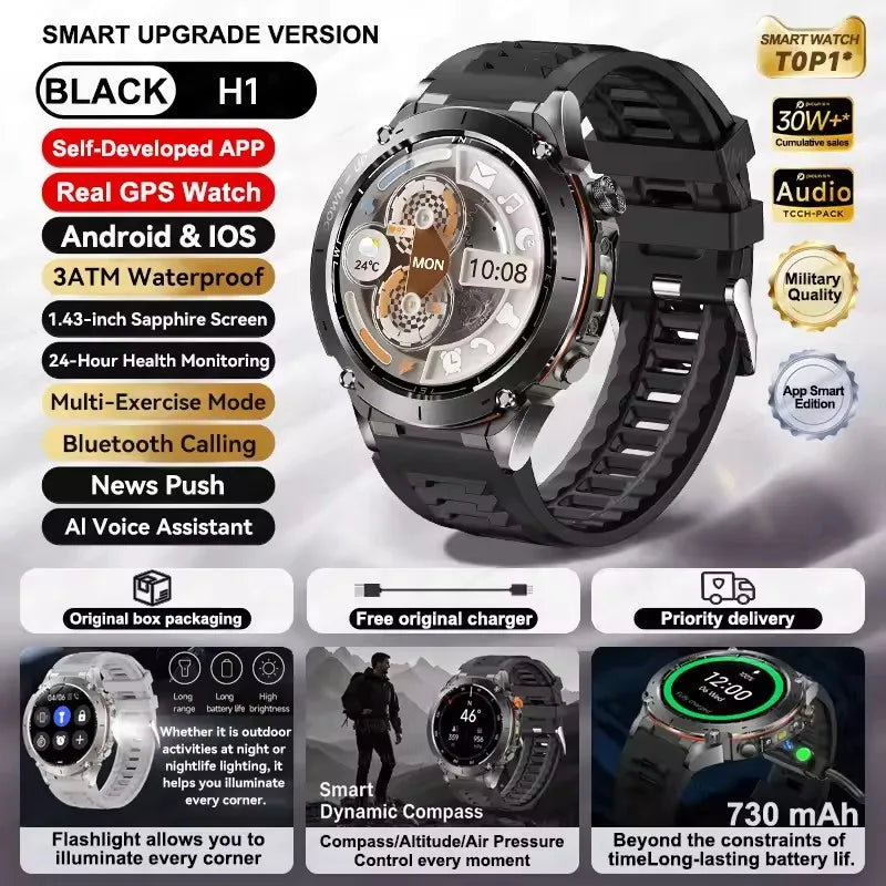 2025 Ultra GPS Smart Watch – 10ATM Waterproof | Dual-Band GNSS, Compass, Military Sport Design